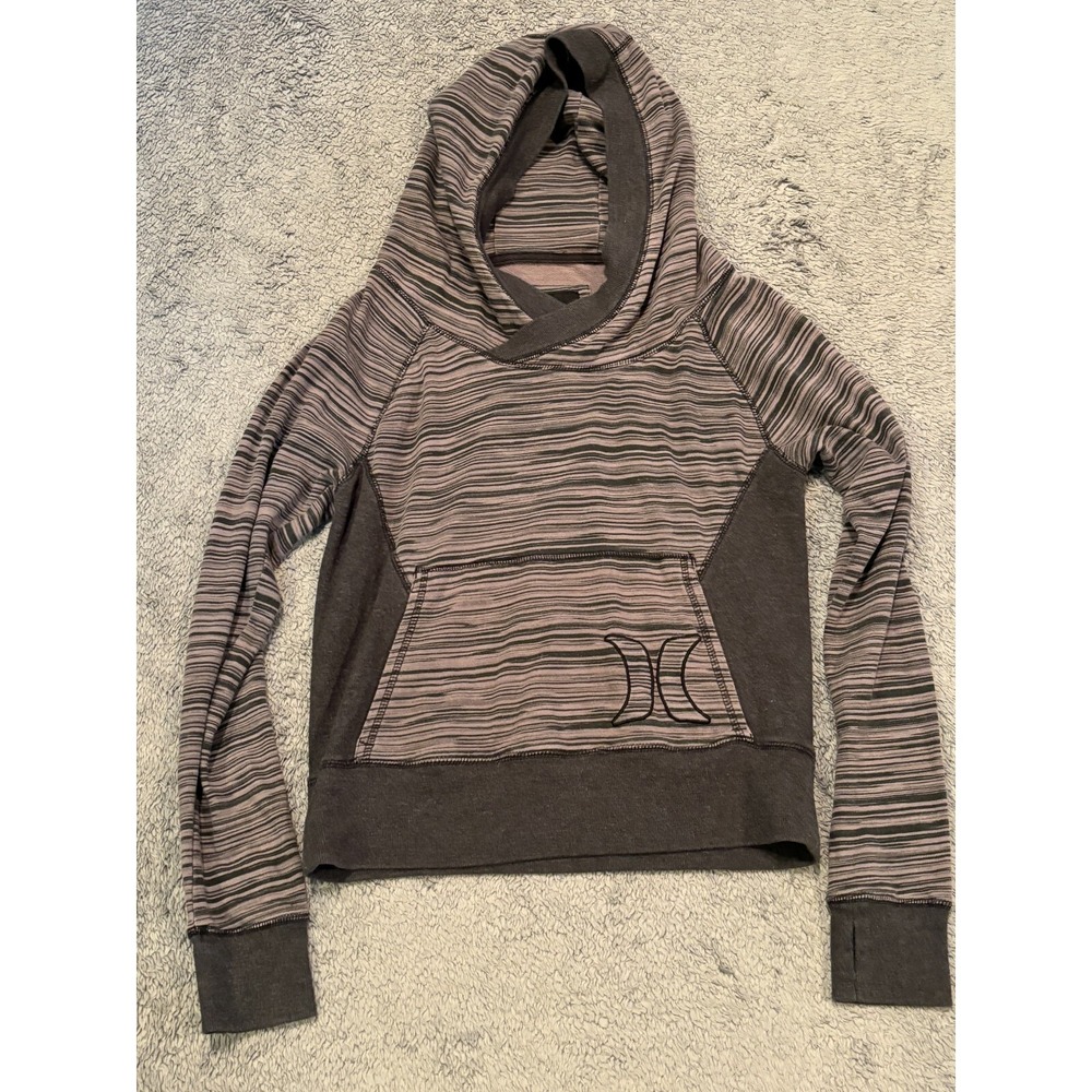 Hurley Hoodie Womens S Wrap Neck Gray Striped Surf Skate Casual Sweatshirt